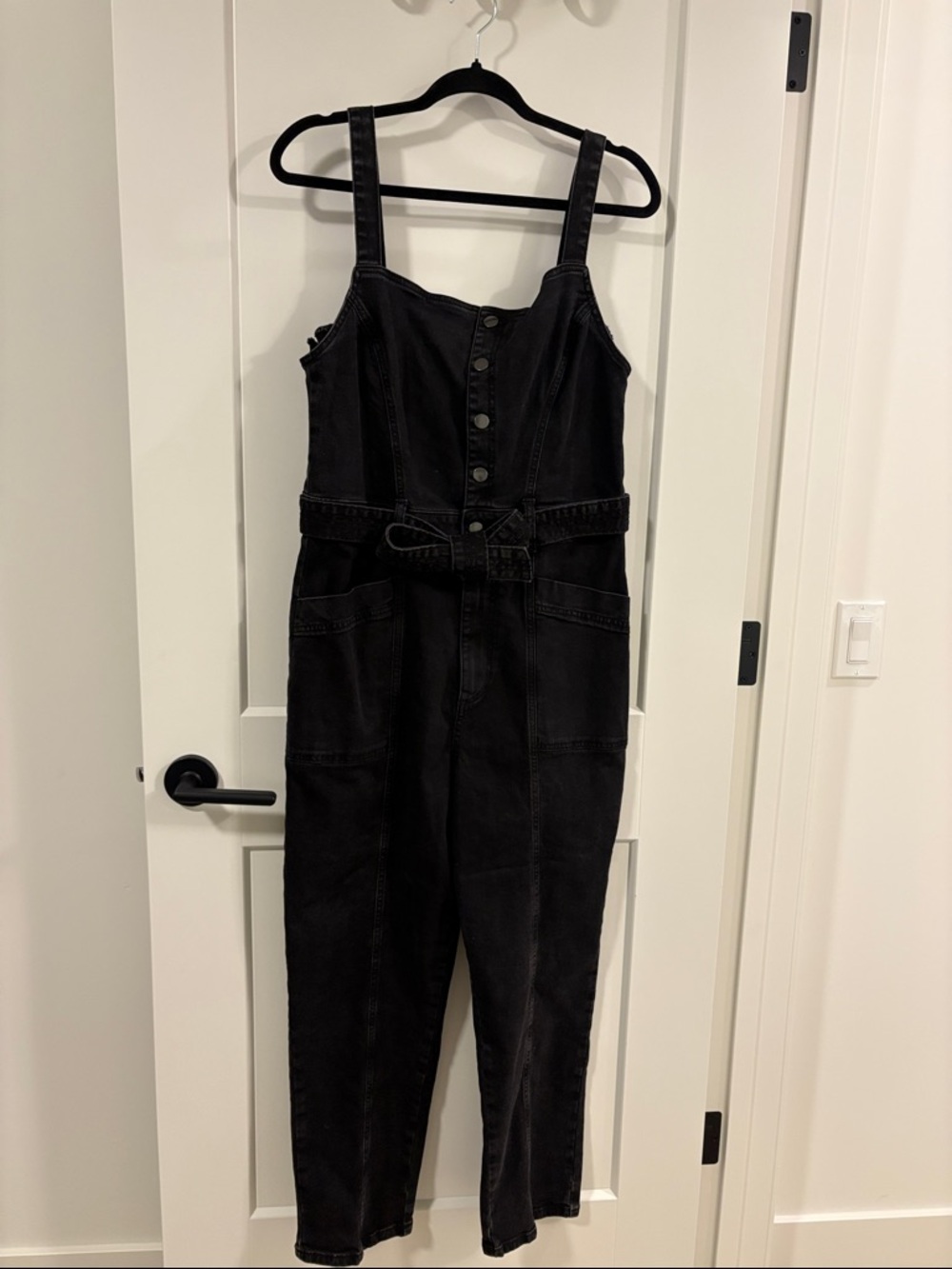 Smash + Tess Black Denim Strap Jumpsuit with Waist Tie